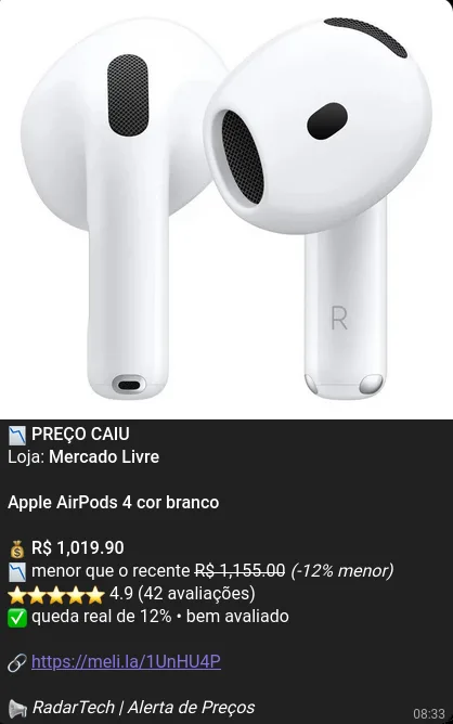 Alerta do RadarTech para Apple AirPods 4 com queda real de preço